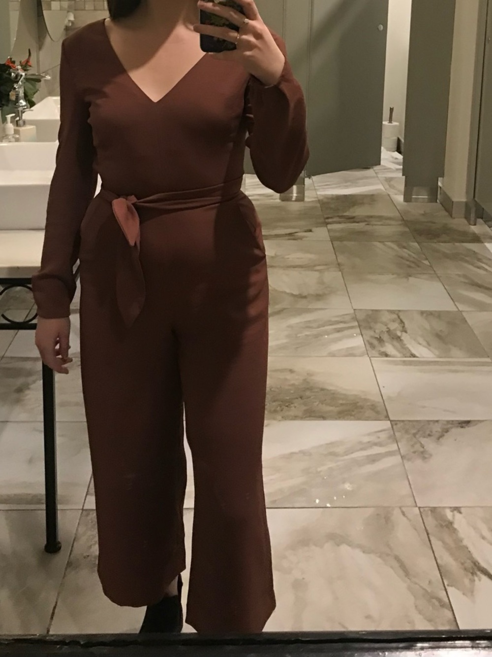 Women's V-Neck Long Sleeve Jumpsuit in Burnt Orange